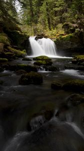 Preview wallpaper waterfall, stones, stream, moss, water