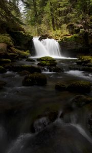 Preview wallpaper waterfall, stones, stream, moss, water