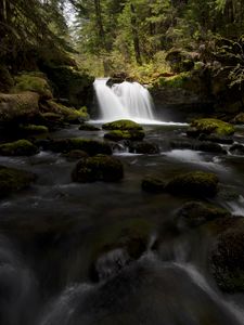 Preview wallpaper waterfall, stones, stream, moss, water
