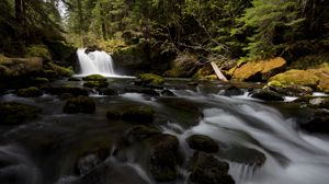 Preview wallpaper waterfall, stones, stream, moss, water