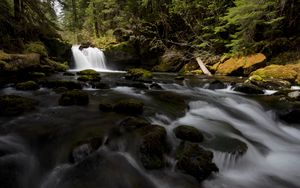 Preview wallpaper waterfall, stones, stream, moss, water