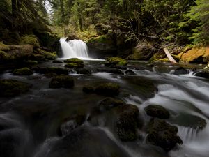 Preview wallpaper waterfall, stones, stream, moss, water