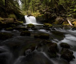 Preview wallpaper waterfall, stones, stream, moss, water