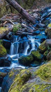 Preview wallpaper waterfall, stones, stream, moss, log