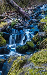 Preview wallpaper waterfall, stones, stream, moss, log