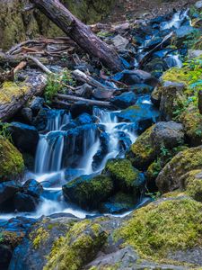 Preview wallpaper waterfall, stones, stream, moss, log