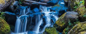 Preview wallpaper waterfall, stones, stream, moss, log