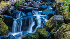 Preview wallpaper waterfall, stones, stream, moss, log