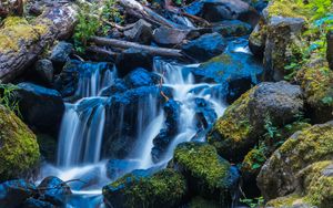 Preview wallpaper waterfall, stones, stream, moss, log