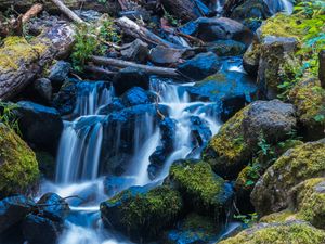 Preview wallpaper waterfall, stones, stream, moss, log