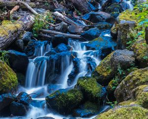 Preview wallpaper waterfall, stones, stream, moss, log