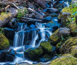 Preview wallpaper waterfall, stones, stream, moss, log