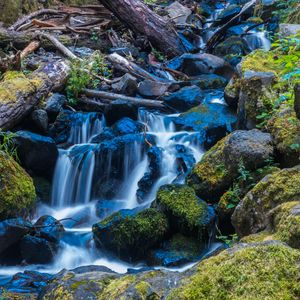 Preview wallpaper waterfall, stones, stream, moss, log