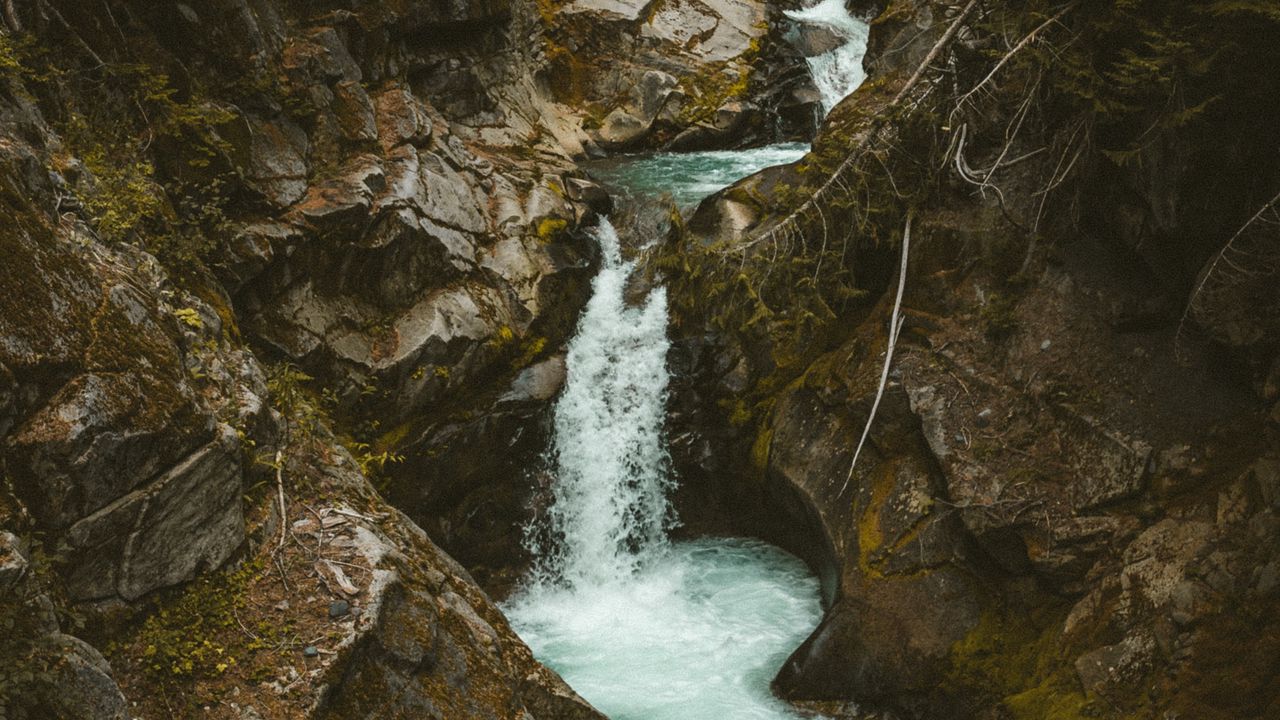 Wallpaper waterfall, stones, stream, branches, trees