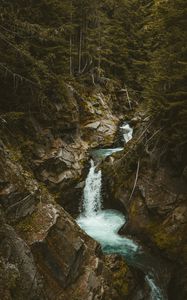 Preview wallpaper waterfall, stones, stream, branches, trees