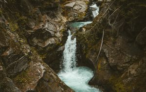 Preview wallpaper waterfall, stones, stream, branches, trees