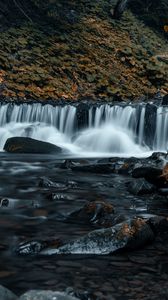 Preview wallpaper waterfall, stones, stream, rocks, grass
