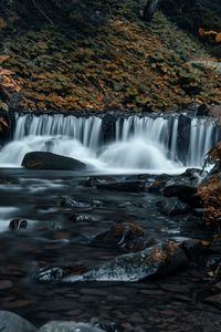 Preview wallpaper waterfall, stones, stream, rocks, grass