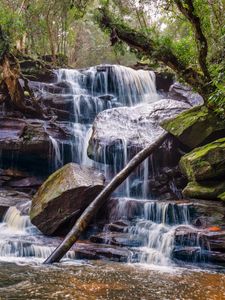 Preview wallpaper waterfall, stones, trees, moss, landscape