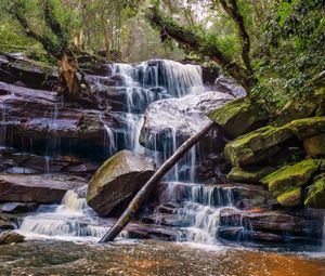 Preview wallpaper waterfall, stones, trees, moss, landscape