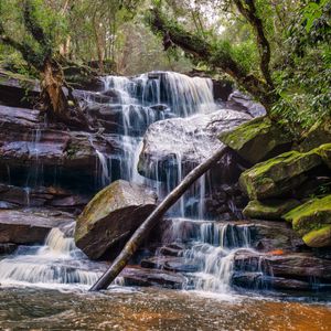 Preview wallpaper waterfall, stones, trees, moss, landscape