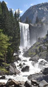 Preview wallpaper waterfall, stones, trees, mountain, nature