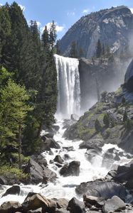 Preview wallpaper waterfall, stones, trees, mountain, nature