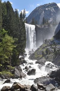 Preview wallpaper waterfall, stones, trees, mountain, nature