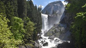 Preview wallpaper waterfall, stones, trees, mountain, nature