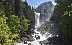 Preview wallpaper waterfall, stones, trees, mountain, nature