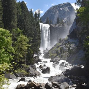 Preview wallpaper waterfall, stones, trees, mountain, nature