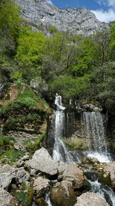 Preview wallpaper waterfall, stones, trees, rock, nature