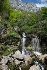 Preview wallpaper waterfall, stones, trees, rock, nature