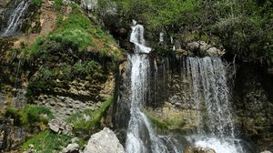 Preview wallpaper waterfall, stones, trees, rock, nature