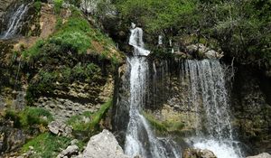 Preview wallpaper waterfall, stones, trees, rock, nature