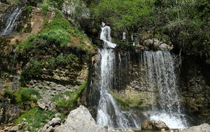 Preview wallpaper waterfall, stones, trees, rock, nature