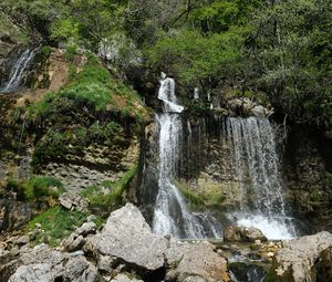 Preview wallpaper waterfall, stones, trees, rock, nature