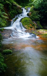 Preview wallpaper waterfall, stones, water, nature, landscape, moss