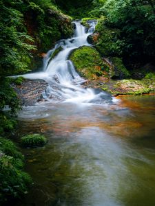 Preview wallpaper waterfall, stones, water, nature, landscape, moss