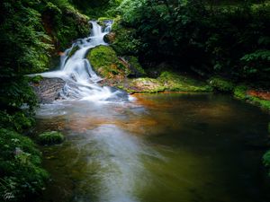 Preview wallpaper waterfall, stones, water, nature, landscape, moss