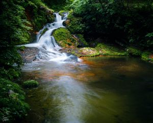 Preview wallpaper waterfall, stones, water, nature, landscape, moss
