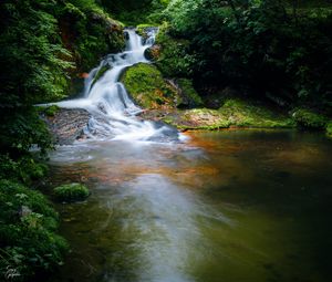 Preview wallpaper waterfall, stones, water, nature, landscape, moss