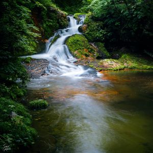 Preview wallpaper waterfall, stones, water, nature, landscape, moss