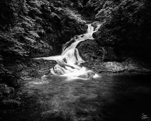 Preview wallpaper waterfall, stones, water, black and white, trees