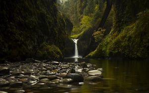 Preview wallpaper waterfall, stones, water, moss