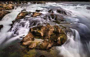 Preview wallpaper waterfall, stones, water, moss, stream