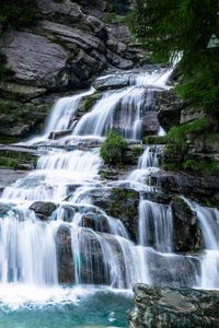 Preview wallpaper waterfall, stones, water, rocks, bushes