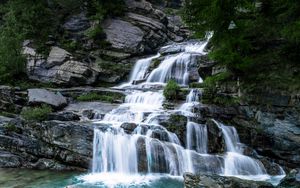 Preview wallpaper waterfall, stones, water, rocks, bushes