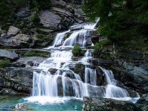 Preview wallpaper waterfall, stones, water, rocks, bushes