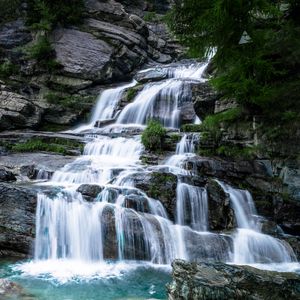 Preview wallpaper waterfall, stones, water, rocks, bushes